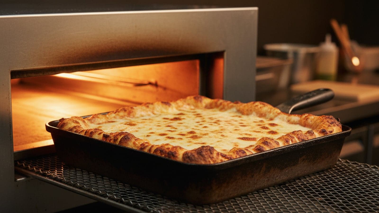 A square halal pizza being baked in the oven at Bucknall Express