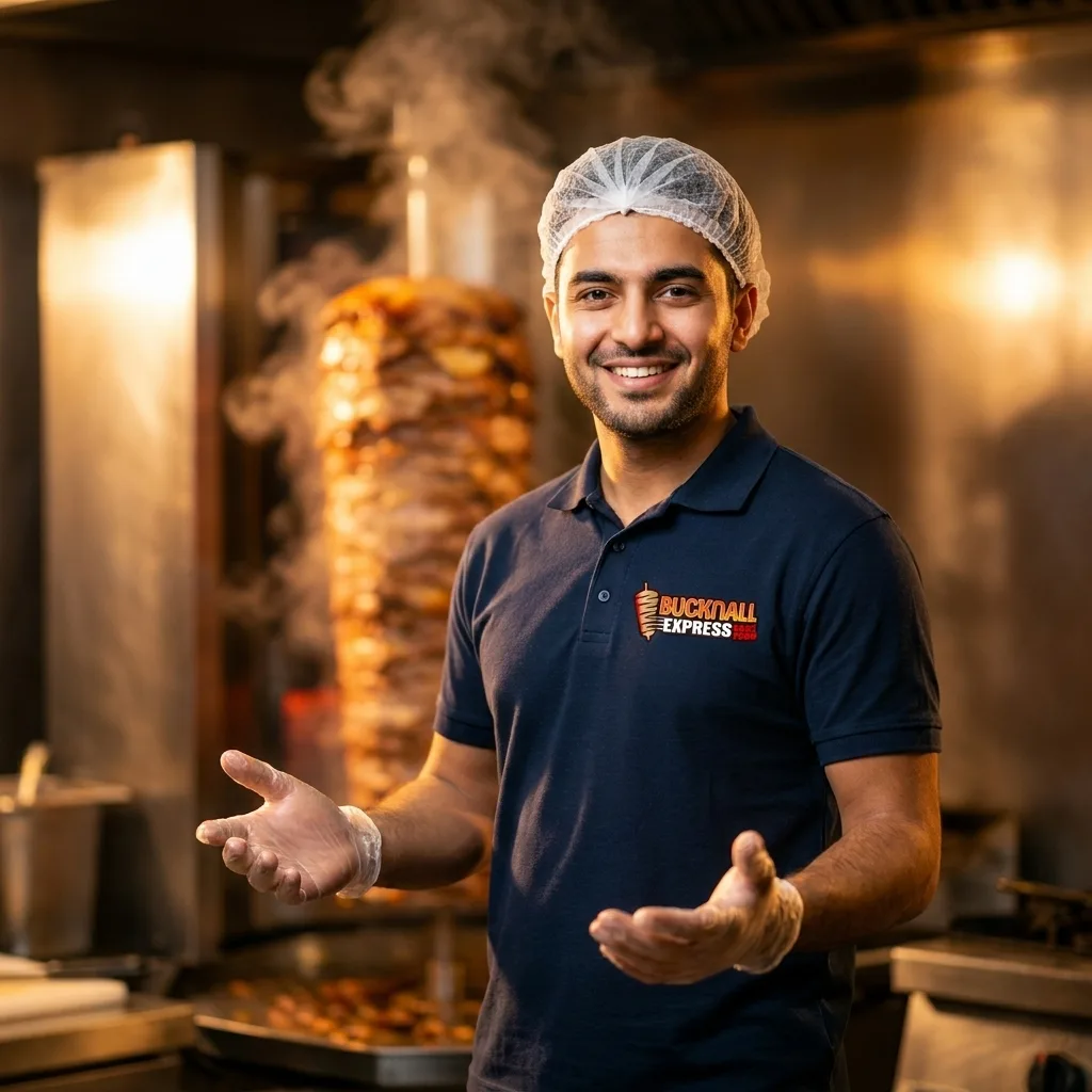 Inside the Bucknall Express kitchen — charcoal grill, fresh prep, busy night