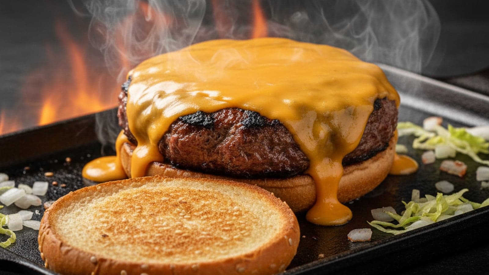 A halal Bucknall Express cheese melt burger fresh off the grill in Stoke-on-Trent