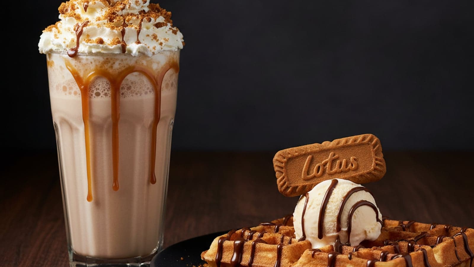 A Lotus Biscoff shake and a waffle on the counter at Bucknall Express in Stoke-on-Trent